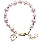 Children's 14K Gold-plated Bracelet with Pink Swarovski Pearls and Open Heart Charm for Babies, Infants, Toddlers, and Girls