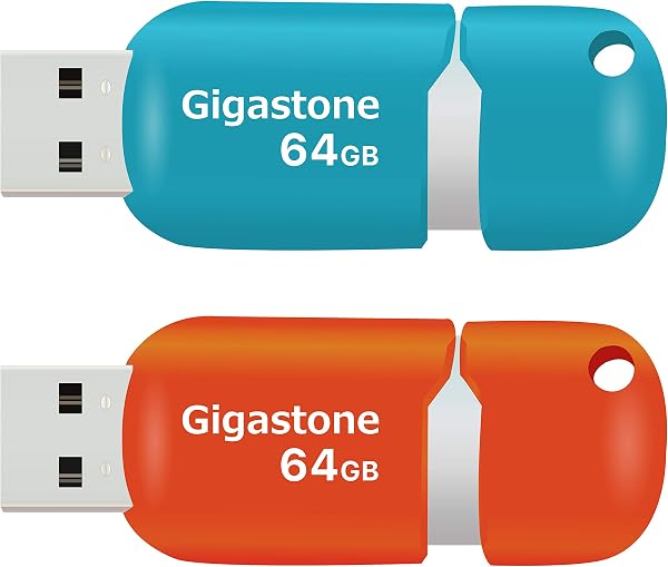Gigastone V10 64GB USBメモリ USB 2.0 キャップレス スライド式 青 オレンジ 2個セット - 1
