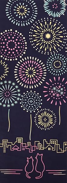 airashika(あいらしか) 和雑貨 注染手ぬぐい『花火猫』 下町花火と親子猫 夏祭り 33×90cm - 1