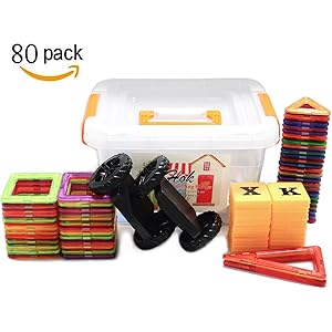 幾何学認知 磁石ペース80モデルDIY 子どもおもちゃ 積み木 四角、三角、長三角、車輪 - 創意プレゼント想像力を育てる知育玩具 収納ケース付き