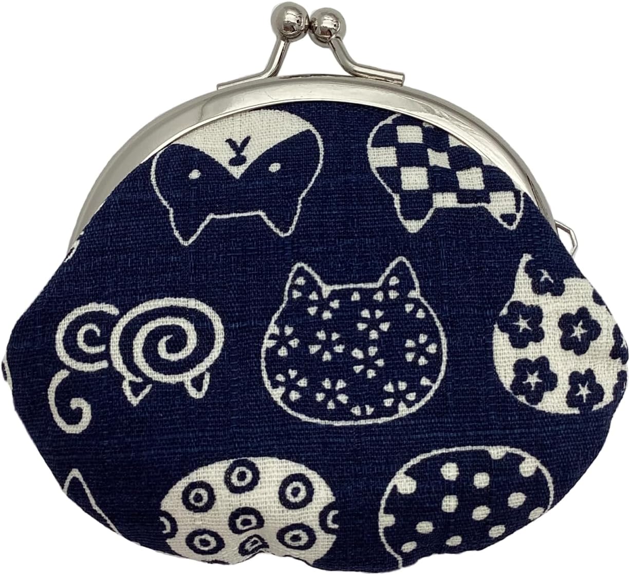 京佑 日本製 がま口 財布 ポーチ 綿 100％ 猫 約8.5×9.5cm 小銭入れ コインケース 2.6寸 にゃんこもん 紺 | 和柄,和雑貨,プレゼント,ギフト,お土産