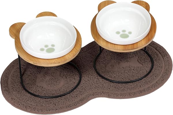 PetStyle えさ皿 2個 ランチョンマット ∞型 セット 猫 犬 食器 えさ 皿 餌入れ フードボウル ペット ご飯皿 水飲み マット 食べやすい 傾斜 餌皿 エサ入れ 滑り止め 陶器 アイアンバンブースタンドシングル (シングル/肉球柄) (ブラウン) - 1
