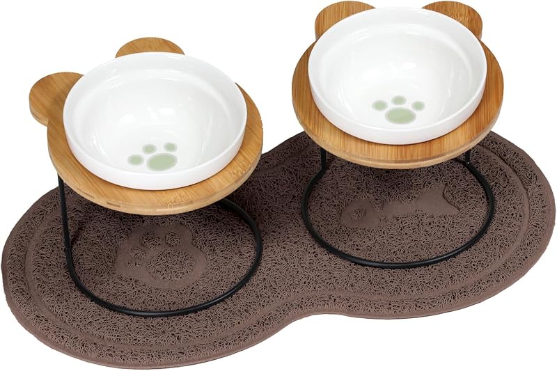 PetStyle えさ皿 2個 ランチョンマット ∞型 セット 猫 犬 食器 えさ 皿 餌入れ フードボウル ペット ご飯皿 水飲み マット 食べやすい 傾斜 餌皿 エサ入れ 滑り止め 陶器 アイアンバンブースタンドシングル (シングル/肉球柄) (ブラウン)