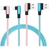 【2本セット】RoiCiel （ディアルズシーリズ）カップルケーブル L字型 小型ヘッド 高耐久ナイロンメッシュ編み 断線防止 iPhone/iPod/iPad AirPods 各種対応 急速充電 互換対応(2m 2本セット, ブルー/ピンク)
