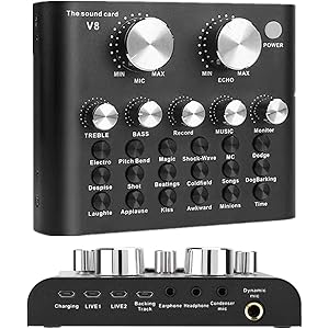 Femate Bluetooth ミキサーエフェクターボード ボイスチェンジャー 3.5mmオーディオインターフェース ミキサー 音楽 楽器/Phone iPhone スマホ/PCパソコン用サウンドカード ミニDJデバイス YouTube Facebookなど生放送に適用 (V8A2 Black)