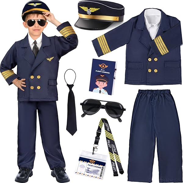 Tacobear Kids Fighter Pilot Costume Set - Air Force Flight Suit With Hat, Gloves & Sunglasses For Dress Up