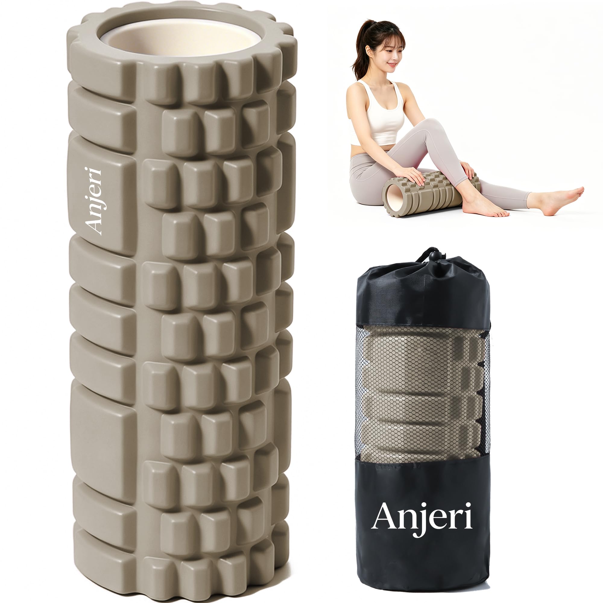 フォームローラー Anjeri 筋膜リリースローラー ヨガストラップ ヨガポール きんまくローラー トレーニング ストレッチ器具 スポーツ フィットネス 収納バッグ付き ライトブラウン