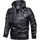 MANSDOUR Men's Faux Leather Jacket Warm Black Motorcycle Bomber Jacket with Removable Hood