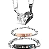 Jstyle 4Pcs Couple Necklace Bracelets Matching Set for Women Men Love Heart Pendant Necklace His & Hers Bracelets Couple Gift