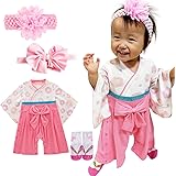 [MIHI] 袴ロンパース ベビー服 キッズ服 女の子 ベビー 新生児 キッズ 着物 カバーオール 和装 お食い初め お宮参り １００日祝い 初節句 桃の節句 ひな祭り 七五三 お正月 年末年始 靴下 ヘアバンド２個 ４点セット ギフト