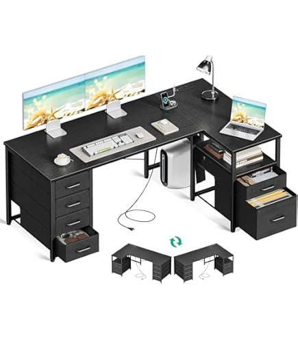 値下げ！　棚付き　デスク Amazon | 机、L字型デスク、リバーシブル棚付き47インチ