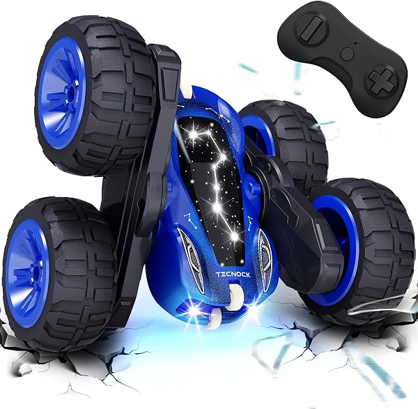 Tecnock 子供向け スタント おもちゃ ラジコンカー 360度回転 両面走行 USB Type-C充電式 4WD オフロード RCカー 男の子 誕生日 プレゼント (ブルー) - 1