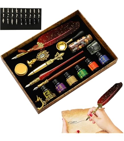 フランス製　羽ペン＆インクセット(赤) Amazon | 赤い羽の羽ペンとインクのセット - 11.4インチ アンティーク