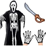 [Formemory] ハロウィン コスプレ 骸骨 仮装 死神 鬼 幽霊 コスプレ 衣装 スクリームマスク 肝試し 怖い 恐怖 雰囲気づくり 定番 豪華4点セット （骸骨マント+骨柄手袋+スクリームマスク+武器模型の道具 斧/大鎌/風船ナイフ）小道具