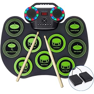 2020最新版 電子ドラム ポータブルドラム LEDライト10個ドラムパッド 9デモ曲 10リズム 3ドラム音色 Blu…