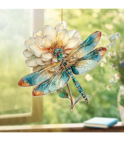 RIVEENY Stained Glass Dragonfly Suncatcher – 7.8 Inch Window Hanging For Home, Garden, Gifts