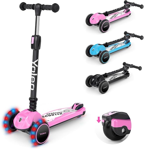 【無段階高さ調節x軽量で頑丈】YOLEO キックスクーター 折り畳み キックボード子供 三輪車 光るLEDタイヤ 後輪ブレーキ 3輪タイプ 方向転換 キックスケーター 誕生日プレゼント 完成品 コンパクト ギフト設定 - 1
