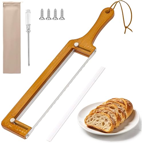 Bread Slicer for Homemade Bread, Adjustable Wooden Bread Knife with Thickness Guide, Serrated Stainless Steel Blade, Ergonomi