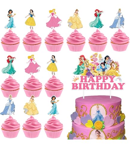 Princess Dessert Cupcake Toppers Set Of 24 - Colorful Character Cutouts With Clear Treat Picks For Birthday Parties