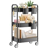 YASONIC 3 Tier Rolling Cart, Heavy Duty Metal Utility Cart with Wheel Black | Sturdy Rolling Storage Cart With Hooks & Hangin