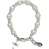 Children's Sterling Silver Cross Bracelet and/or Necklace with Cultured Pearl and High End Crystal for First Communion, Bapti