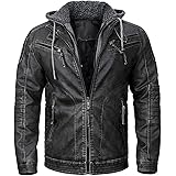 NAVEKULL Men's Faux Leather Jacket Winter Vintage Motorcycle Biker Jacket with Fleece Removable Hood