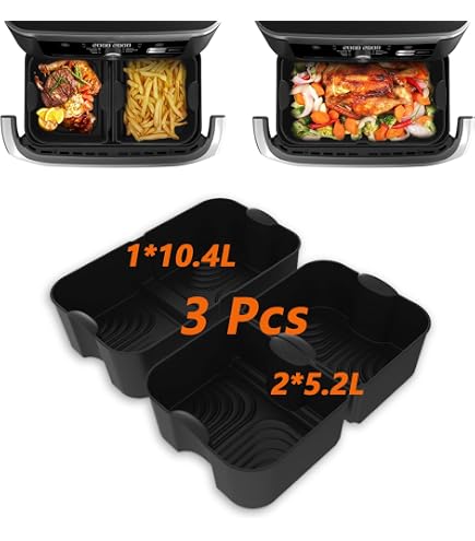 thumbnail interactive-video image 1 of 2-Pack Reusable Silicone Air Fryer Liners For Dual Basket – Fits Ninja & More – 19x12x7cm, Easy Clean 1 of 4