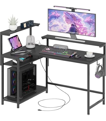 Amazon | MoonMeguri L字デスク 机 収納付き 幅110×奥行80×高さ84.5
