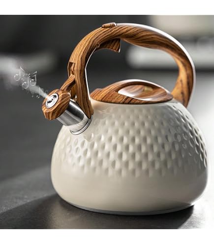LONFFERY Tea Kettle, 2.5 Quart Whistling Tea Kettle, Tea Pots For Stove Top Food Grade Stainless Steel With Wood Pattern Folding Handle - White