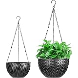 Foraineam Dual-Pot Self-Watering Hanging Planters, Black, 2 Pack, Indoor/Outdoor, Rattan Design, 10.2in and 8.2in