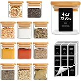 ComSaf Glass Spice Jars with Labels 4 oz 12 Pack Small Square Bamboo Lids | Borosilicate, Empty Containers, Seasoning Herbs P