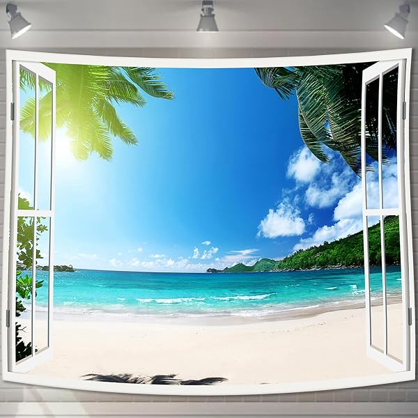 U-SITU Tapestry Wall Hanging Wall Decoration Faux Window Blue Sky Blue Sea Natural Scene Stylish Background Multi-functional Fabric Poster Interior Mood Change (Size: Length 150 cm x Width 200 cm - 1