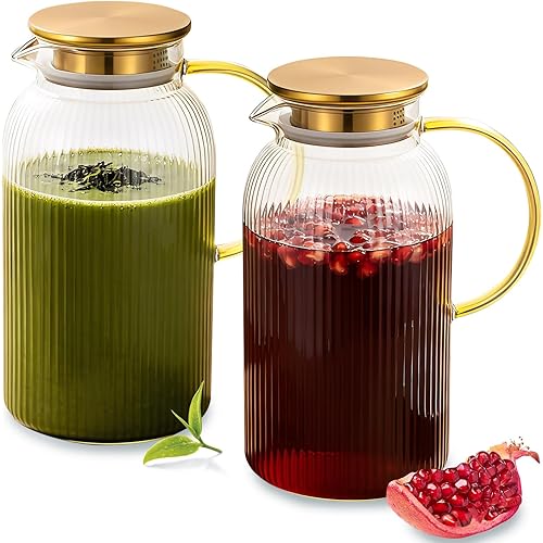 2 Pack 2L/68oz Borosilicate Glass Pitcher with Stainless Steel Lid, Glass with Handle, Heat Resistant, Refrigerated for Ideal