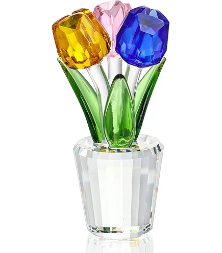Amazon｜Qianwei クリスタルチューリップフラワー置物 ピンク 花瓶付き