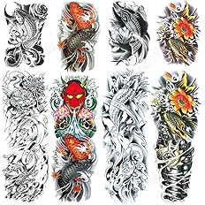 Amazon Co Jp Yesallwas タトゥーシール 鯉 蓮の花 8枚セット 和柄 入れ墨シール リアル 大判 防水 長持ち 和彫り 刺青シール ボディーシール メンズ レディース 手 腕 足 Tattoo E 8枚セット ファッション