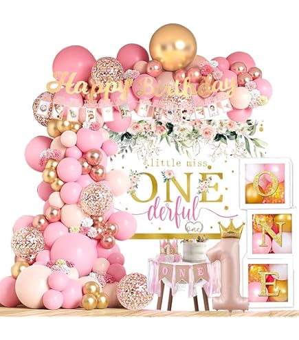 Is't She Onederful 1. Geburtstagsdeko Für Mädchen – Roségold Glitzerbanner, Fotobanner 0-12 Monate & Nummer 1 Folienballon – Komplettset