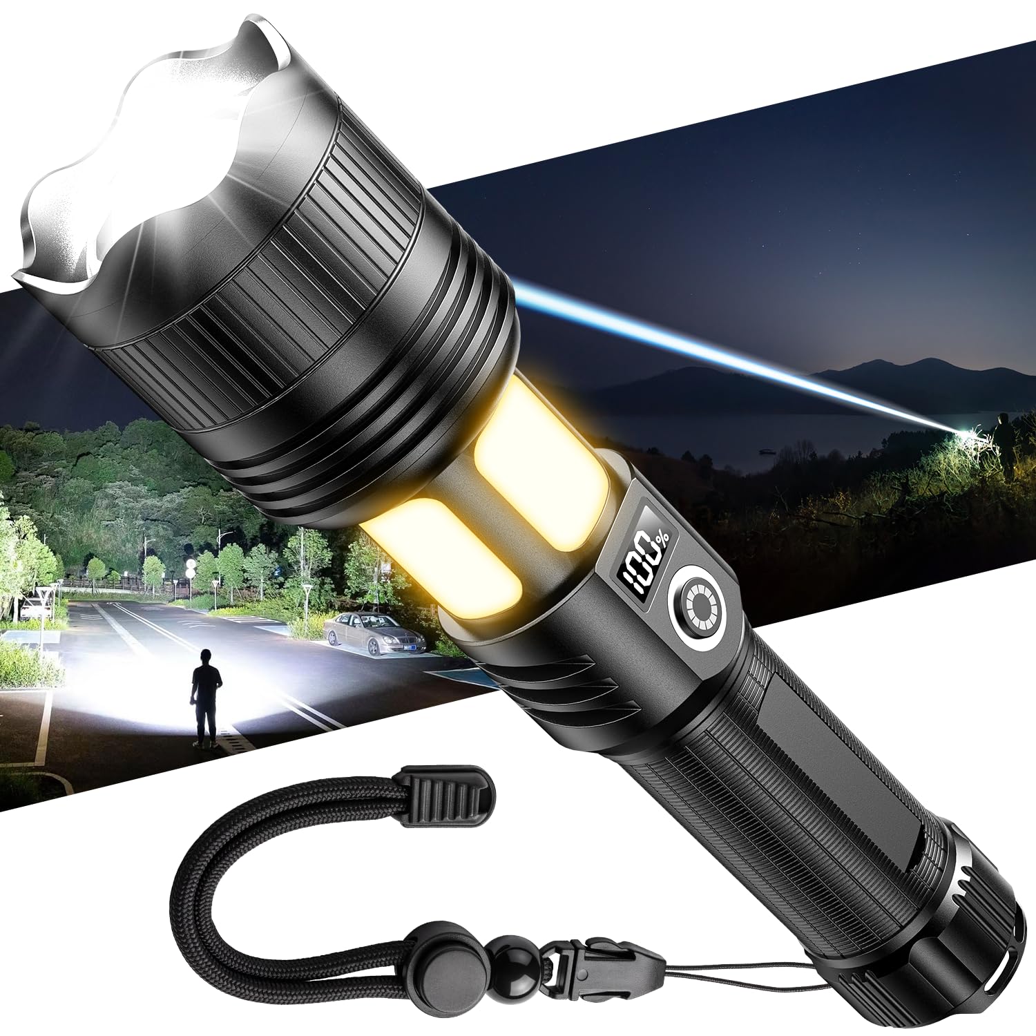 懐中電灯 強力【40000LM超高輝度·2026新モデル】LEDライト Type-C充電式 フラッシュライト 伸縮COB作業灯 ズーム調節 7モード | タクティカルライト LCDディスプレイ表示 単4電池適用 IPX6防水 アルミニウム合金 小型