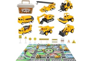 Hifinger 建設車両セット 車おもちゃ 8種類 ミニカー 収納ケース付き プレイマット 交通標識 合金製 DIYカー はたらく車 プルバックカー車両 工事カー 作業車両 室内遊び 大工 男の子 女の子 誕生日 プレゼント 贈り物