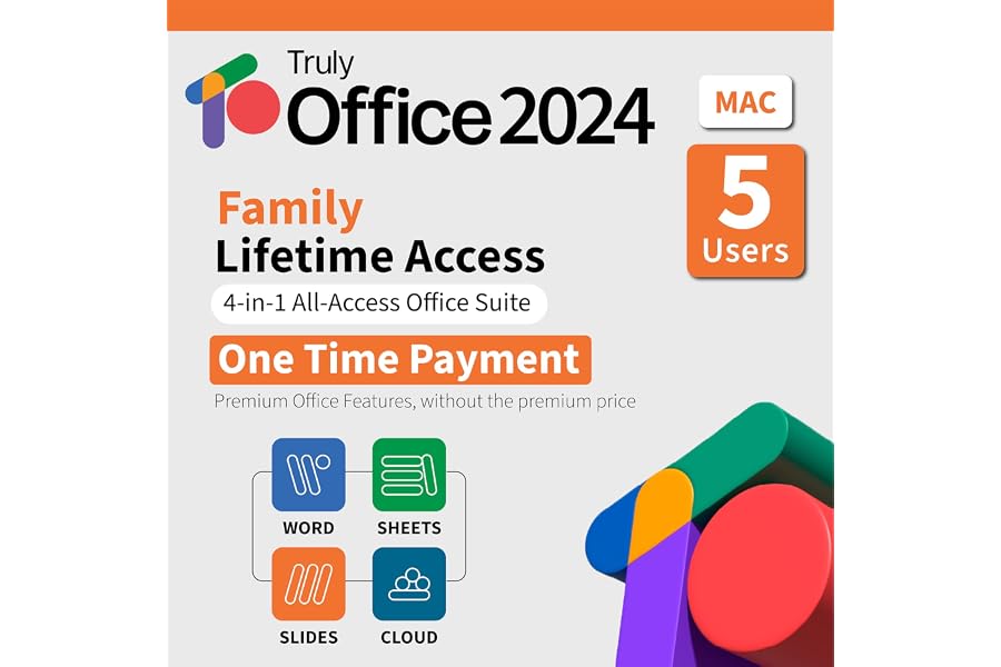 TrulyOffice 2024 Family Lifetime License | 4 in 1 All Access TrulyOffice Suite | Words, Sheets, Slides, and Cloud. (Mac)