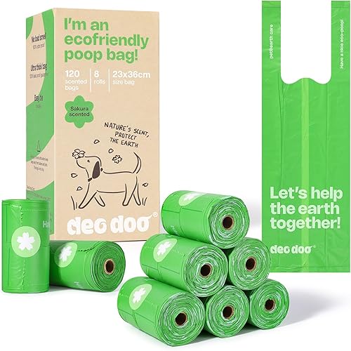 Dog Poop Bags with Handles Sakura Scented 120 Counts 8 Rolls Leak Proof and Extra Thick Waste Bags Refill Rolls for Small Med