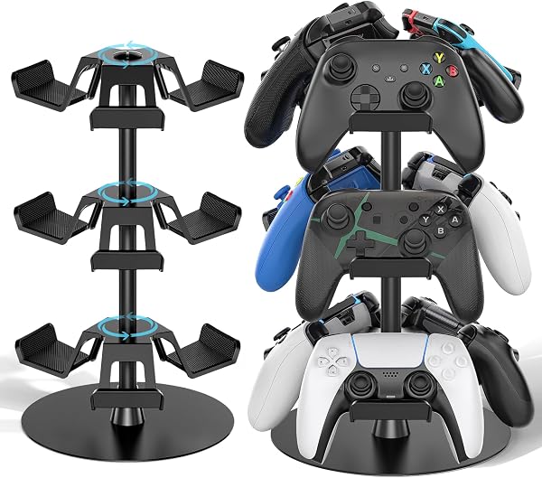コントローラー スタンド 3層対称設計 9つまで縦に収納 ゲームコントローラー 収納ラック 卓上 ヘッドホンスタンド 360度回転式 ヘッドセット ホルダー 組み立て簡単 頑丈で安定 省スペース 整理整頓 幅広くコントローラーに対応 ブラック - 1
