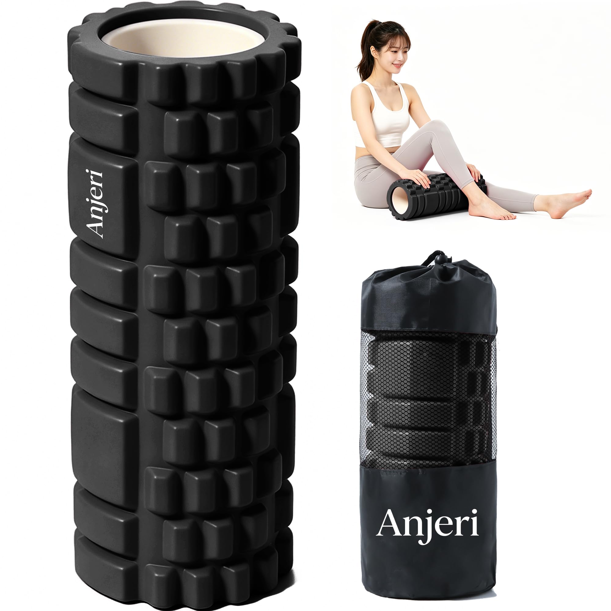フォームローラー Anjeri 筋膜リリースローラー ヨガストラップ ヨガポール きんまくローラー トレーニング ストレッチ器具 スポーツ フィットネス 収納バッグ付き ブラック