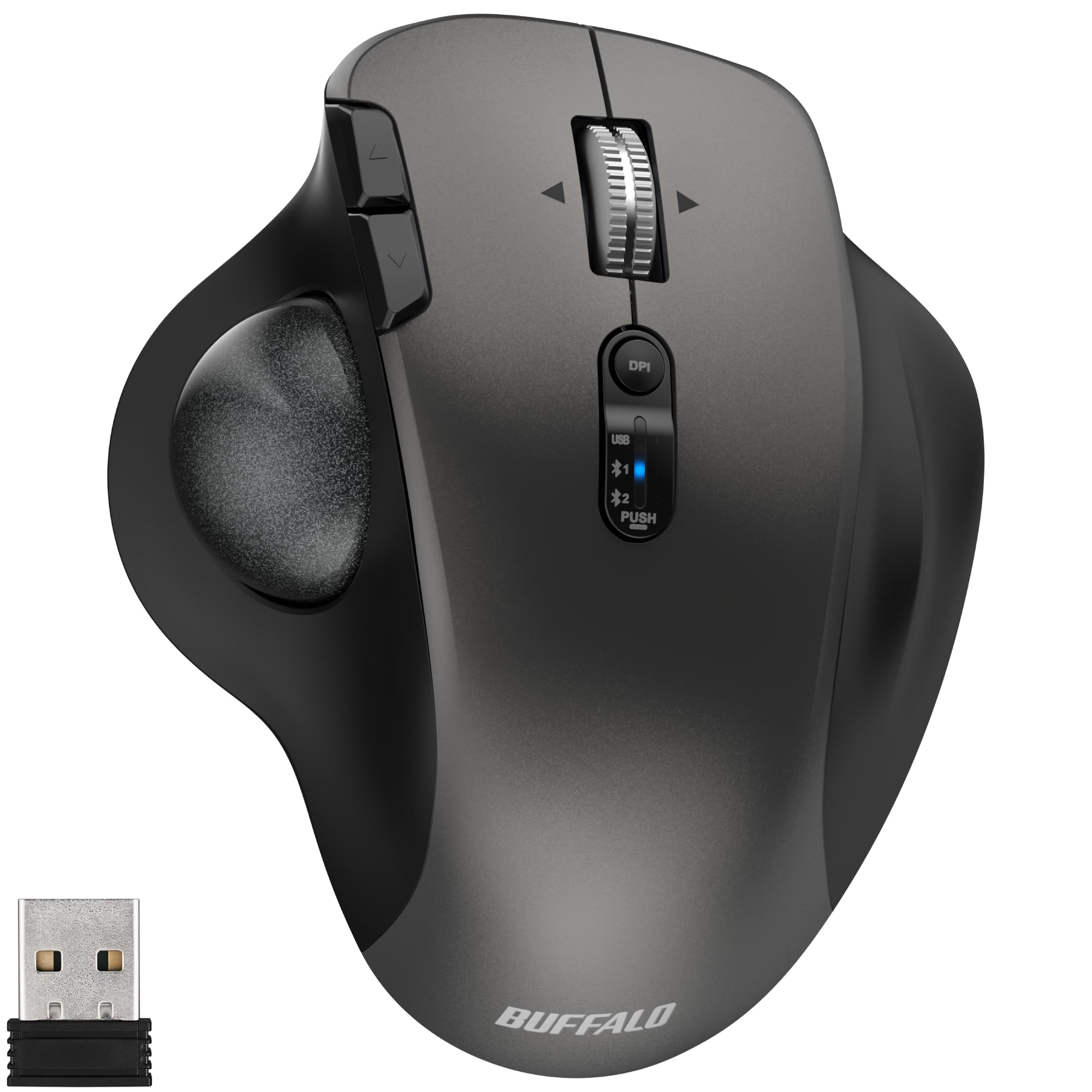 バッファロー トラックボール マウス 無線 Bluetooth 高速スクロール 横スクロール 静音 グラファイトブラック BSTBB700BKX | 34mmボール 人工ルビー 5ボタン 金属ホイール チルト DPI切り替え 500 / 800 /