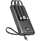 VEEKTOMX Power Bank 10000mAh, Portable Charger with Built-in Cables, USB C External Battery Pack with 5 Outputs and LED Displ