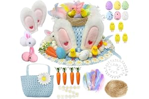 Kids Easter Bonnet Kit with Baskets,DIY Easter Hat Craft Kit Activity for Kids with Feathers Chicks Eggs Bunnies Daisy lace Carrots Grass