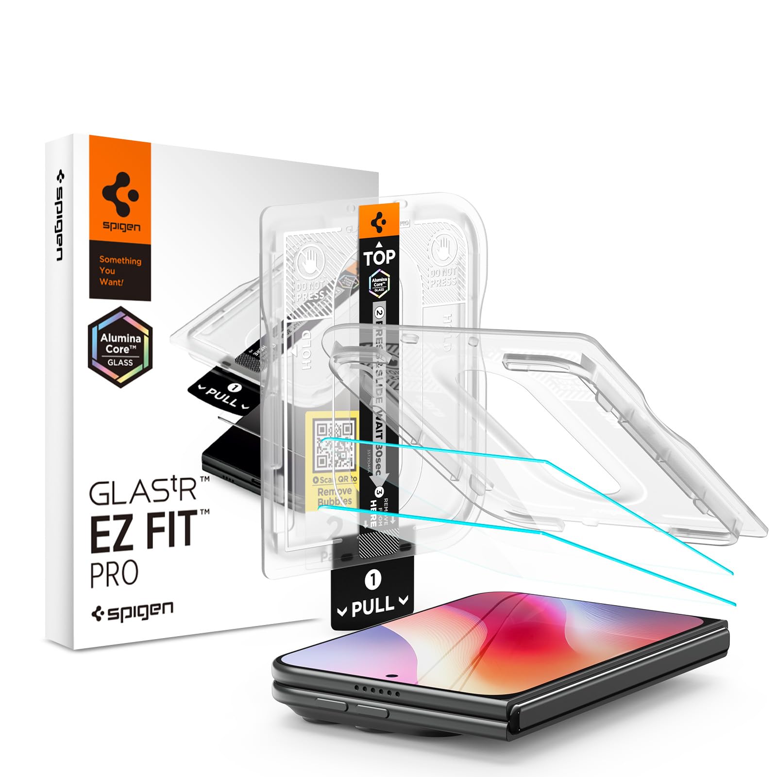 Spigen iPhone Duo ガラスフィルム 2枚入 貼り付けトレー 10H+ 耐衝撃 EZ Fit Pro | 保護フィルム, 強化ガラス, 指紋防止, 高透過率, 飛散防止, ケース対応, AluminaCore, ナノコーティング, 米軍