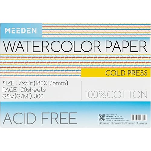 MEEDEN Watercolour Paper Block, 100% Cotton Watercolour Paper Pad of 20 Sheets, 140lb/300gsm, Acid-Free Art Paper for Waterco