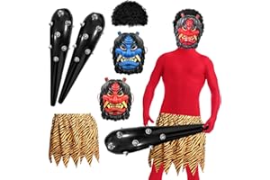 [SVNVIOZ] 節分 赤鬼 青鬼 コスプレ 6点セット お面＊２個 鬼のパンツ ウィッグ こん棒＊２個 なまはげ 鬼面 仮装 衣装 おに 豆まき オニ退治 節分豆 郷土 こん棒 お祭り