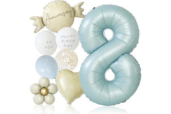 deerzon くすみブルー 8歳 くすみカラー 数字 バルーン 誕生日 飾り付け 10点 セット 大きい 65cm くすみ ニュアンスカラー ナンバーバルーン バースデー 8