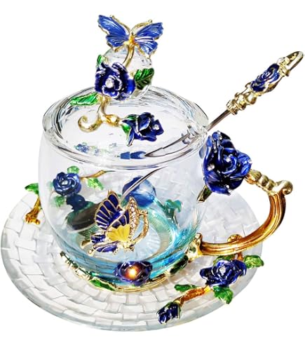 Vintage Glass Tea Cup Set With Lid & Saucer - Enamel Daisy Flower Design 11oz Coffee Mug